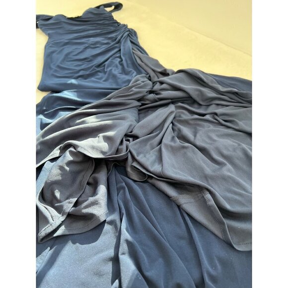 New La Femme Size 10 Off the Shoulder Ruched Floor Length Gown Navy - Picture 8 of 13